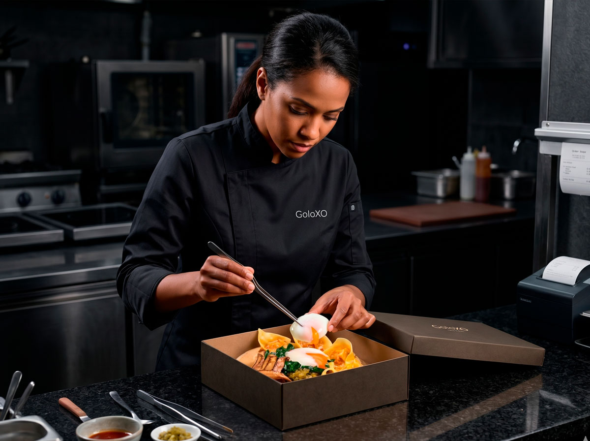 mujer-chef-goloXO-emplatando-y-empaquetando-un-producto-delivery-gourmet